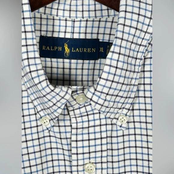 Ralph Lauren Classic Fit Cotton Check Shirt XL Navy White Logo - Picture 6 of 13